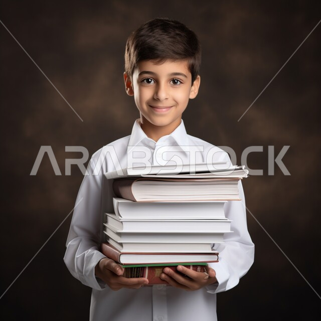 الثقافة والقراءة والإستطلاع، بورتريه لطالب مدرسي عربي خليجي سعودي يحمل بيد مجموعة من الكتب، مراجعة الدروس اليومية، التعليم الدراسي في المملكة العربية السعودية، خلفية سوداء