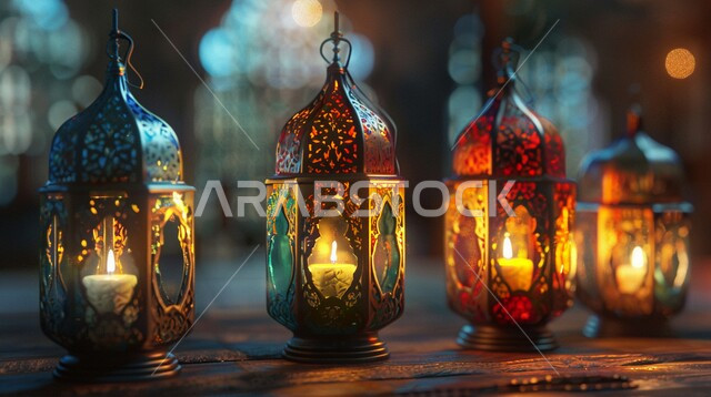 Decorations and lights in the spiritual Ramadan atmosphere, Islamic art for decoration on religious occasions, traditional metal lanterns illuminated on a wooden table, Islamic designs and decorations, celebrating the advent of the blessed month of goodness.