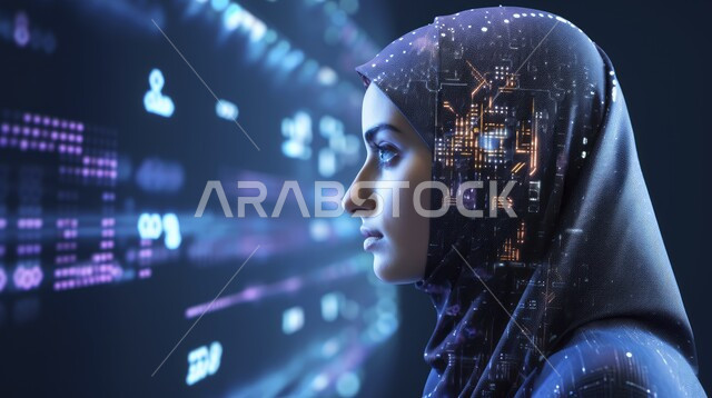 The development of technology and digital facial technology, artificial intelligence and new development, 3D shapes and graphics, modern future technology, a close-up image of a veiled Saudi Arabian Gulf woman from the side looking at the digital screen, an advanced huge data network
