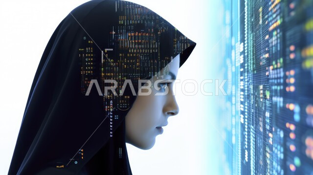 An advanced huge data network, the development of technology and digital facial technology, artificial intelligence and new development, three-dimensional shapes and graphics, modern future technology, a close-up of a veiled Saudi Arabian Gulf woman from the side looking at the digital screen
