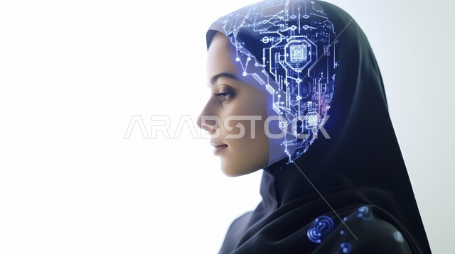 النمو التكنولوجي وتحقيق الثورة الصناعية، الابتكار والعلوم وتكنولوجيا الذكاء الاصطناعي, رؤية سعودية 2030، صورة مقربة لرأس إمراة عربية خليجية سعودية محجبة بداخله شرائح الكترونية، العمل بمخططات تقنية, شبكة البيانات الضخمة والتحول الرقمي، خلفية بيضاء