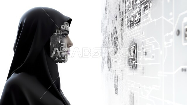 Innovation, science and artificial intelligence technology, a close-up of a veiled Saudi Arabian Gulf woman looking at an electronic map board, Saudi Vision 2030, working with technical plans, big data network and digital transformation, technological growth and achieving the industrial revolution, white background