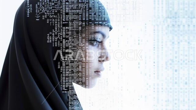 High-tech designs, technological growth and electronic development, a close-up of a veiled Saudi Gulf Arab woman standing in front of a data screen, working with modern technical plans, an advanced huge data network, technological growth and achieving the industrial revolution