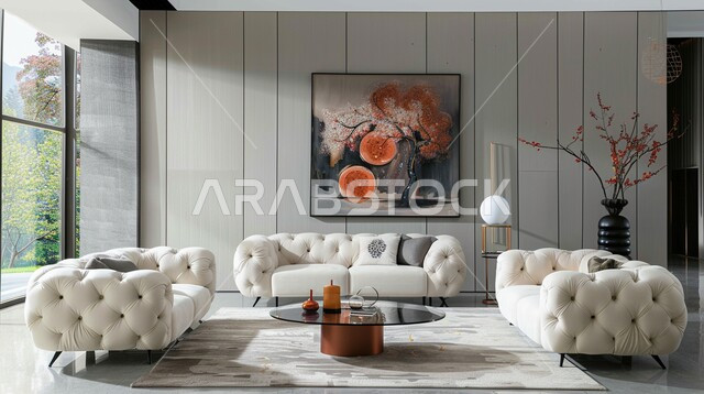 Mural paintings hanging on the walls, living rooms with modern contemporary designs, antiques, accessories and upscale home furniture, luxury residential apartments and villas in Saudi Arabia, elegant interior decorations, a living room with a sofa, white cushions and glass facades
