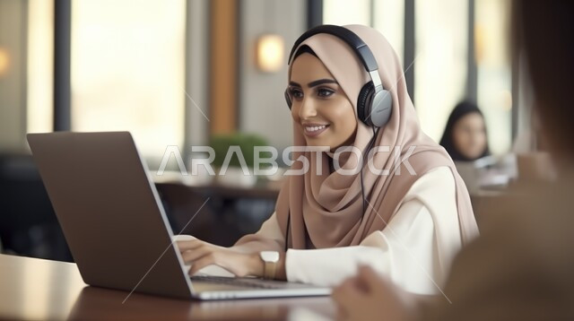 استخدام التقنية والتكنولوجيا الحديثة، ايماءات السعادة والسرور، مفهوم الاهتمام بالمظهر الخارجي، صورة مقربة لامرأة عربية خليجية سعودية محجبة تجلس على المكتب وتقوم باستخدام اللابتوب ترتدي سماعه الرأس، إيماءات الاندماج بالعمل، مهن ووظائف نسائية