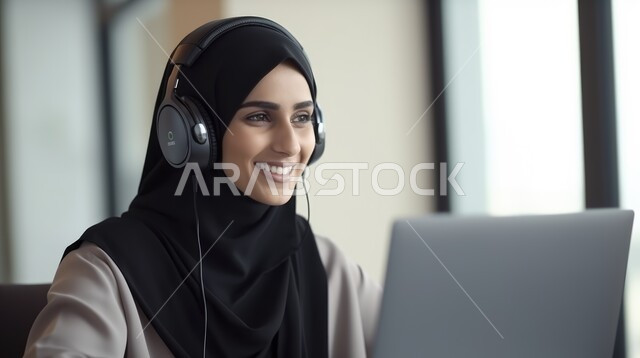 Gestures of integration into work, the use of technology and modern technology, a close-up image of a veiled Saudi Arabian Gulf woman sitting at a desk and using a laptop wearing a headset, the concept of caring for external appearance, women’s professions and jobs, gestures of happiness and pleasure.