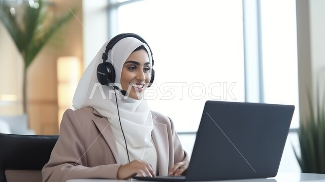 التواصل مع الزبائن لحل المشكلات و تعديل البيانات, الإجابة و الرد على الاستفسارات و الاستعلامات, موظفة مسلمه عربية خليجية سعودية تعمل في خدمة العملاء, استخدام سماعات الرأس والتقنيات المتطورة, مهن ووظائف نسائية، استعمال الحاسب المحمول بالاعمال المكتبية