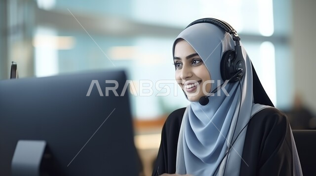 الإجابة و الرد على الاستفسارات و الاستعلامات، موظفة عربية خليجية سعودية محجبة تعمل في خدمة العملاء, استخدام سماعات الرأس والتقنيات المتطورة, مهن ووظائف نسائية، استعمال الحاسب المحمول بالاعمال المكتبية، التواصل مع الزبائن لحل المشكلات