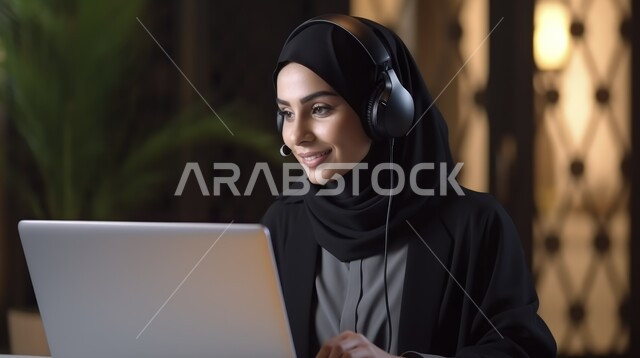 Using a laptop for office work, communicating with customers to solve problems, answering and responding to inquiries and queries, a veiled Saudi Gulf Arab employee working in customer service, using headphones and advanced technologies, women’s professions and jobs