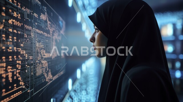 تكنولوجيا رؤية مستقبلية سعودية 2030, صورة مقربة لأمراة خليجية عربية سعودية محجبة نظر الى شاشة بيانات متطورة, روبوتات ذكية وحديث , برمجة وتحديث تقنية الذكاء الاصطناعي, التحول الرقمي والتقدم التقني