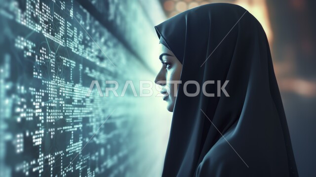 برمجة وتحديث تقنية الذكاء الاصطناعي, صورة مقربة لأمراة خليجية عربية سعودية محجبة نظر الى شاشة بيانات متطورة, روبوتات ذكية وحديث, التحول الرقمي والتقدم التقني, تكنولوجيا رؤية مستقبلية سعودية 2030