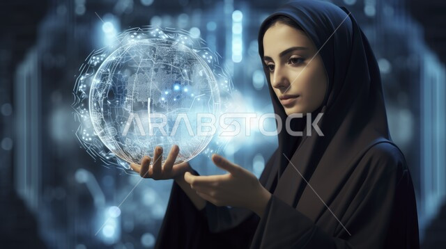التكنولوجيا وتحقيق الثورة الصناعية, صورة مقربة من الجانب لإمرأة عربية سعودية خليجية محجبة تنظر إلى كرة رقمية، رؤية السعودية ٢٠٣٠، خلفية هولوجرامية ثلاثية الأبعاد، الابتكار والعلوم وتكنولوجيا الذكاء الاصطناعي