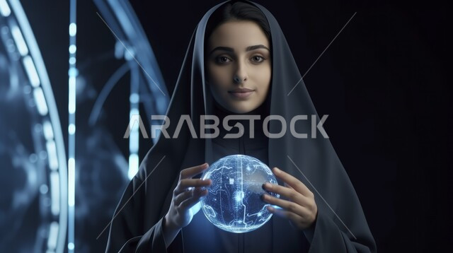 Innovation, science and artificial intelligence technology, technology and achieving the industrial revolution, a close-up of a veiled Saudi Arabian Gulf woman with a digital ball in her hand, Saudi Vision 2030, three-dimensional holographic background, digital transformation and technical progress