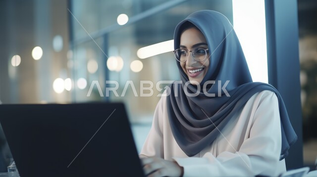 تقنية الذكاء الاصطناعي، امرأة عربية خليجية سعودية محجبة ترتدي الزي التقليدي وتعمل على الحاسب المحمول، متابعة ومناقشة الاعمال عن بعد من خلال الانترنت، مهن ووظائف نسائية مكتبية، استخدام التكنولوجيا الحديثة والمتطورة، ايماءات السعادة بانجاز المهام