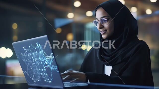 Gestures of happiness with the completion of tasks, Saudi future vision 2030 technology, artificial intelligence technology, a veiled Saudi Gulf Arab woman wearing traditional clothing used on a laptop, following up and discussing work remotely through the Internet, women’s office professions and jobs