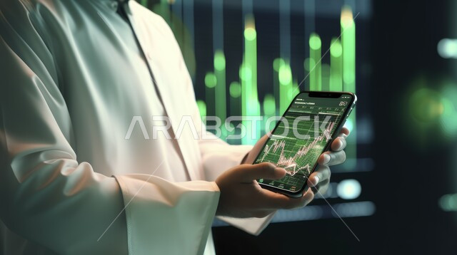 تطورات سوق الاوراق المالية، رسوم بيانية احصائية للبورصة العالمية، صورة مقربة ليد رجل عربي خليجي سعودي يرتدي الزي التقليدي يحمل بيده جهاز التابلت, مراقبة الاقتصاد ومعلومات الاستثمار المالي، انجاز الاعمال باستخدام الكنولوجيا الحديثة