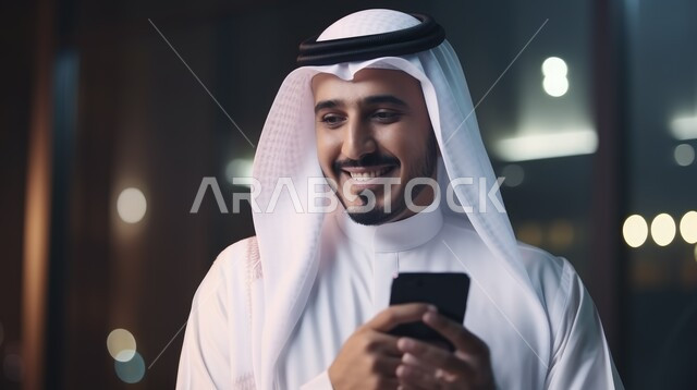 استخدام الهاتف المحمول، ايماءات السعادة والسرور، تصفح الانترنت ومواقع التواصل الاجتماعي، التحدث والدردشة مع الأهل والأصدقاء عبر الموبايل, صورة مقربة لرجل عربي خليجي سعودي يرتدي الثوب التقليدي يحمل بيده الهاتف الجوال