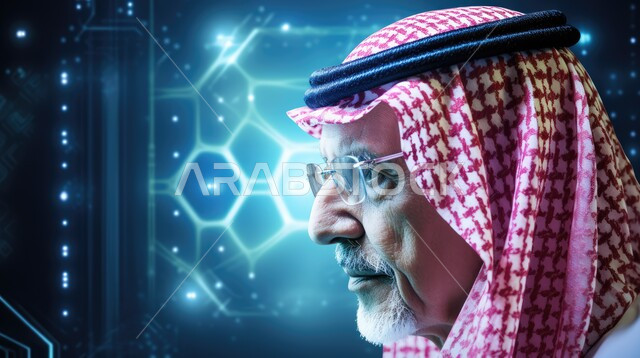 الثورة الصناعية للتقنيات المتطورة, صورة مقربة لرجل كبير بالسن خليجي عربي سعودي يرتدي الزي القليدي ينظر الى شاشة بيانات حديثة، برمجة وتحديثات تقنية للذكاء الاصطناعي, التحول الرقمي والتقدم التقني، رؤية مستقبلية سعودية 2030