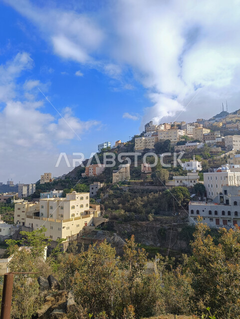 منظر السماء المليئة بالغيوم فوق المدرجات الزراعية الخضراء في السعودية، البيوت والمباني السكنية على القمم والمرتفعات الجبلية في محافظة فيفاء، الأشجار والنباتات الخضراء على سفوح الجبال في مدينة جازان،أماكن الاصطياف المشهورة في المملكة، خلفية الطبيعة