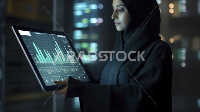 متابعة الأسهم المتداول بها في السعودية من خلال شاشات الكترونية حديثة، إستخدام الأجهزة الحديثة في جمع البيانات والمعلومات الرقمية، سيدة أعمال عربية خليجية سعودية محجبة تحمل بيدها تابليت، الإستثمار المالي والإقتصادي في البورصة السعودية