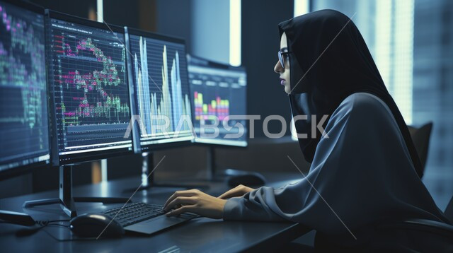 Business management and organization within the company’s headquarters, women’s office professions and jobs, a Saudi Gulf Arab woman wearing the hijab working on a laptop, gestures of concentration and integration in carrying out work, integrating technology and technology into working life, Saudi companies and offices
