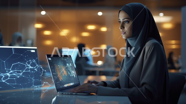 العمل في تطوير شبكة الحاسوب والانظمة البرمجية، سيدة عربية خليجية سعودية محجبة تستخدم جهاز الحاسوب المحمول، العمل عن بعد، استخدام لغات البرمجة، اكواد وخوارزميات برمجية بتقنية الهولوجرام ثلاثية الابعاد