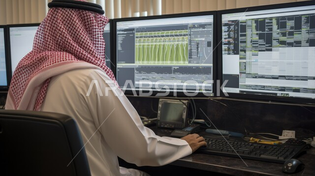 انجاز المهام المكتبية من خلال الحاسب، صورة من الخلف لرجل عربي خليجي سعودي يرتدي الزي التقليدي والشماغ و يقوم بإنجاز الأعمال والمهام، تطور التكنولوجيا و الأجهزة التقنية، تطوير شبكات الكمبيوتر والأنظمة البرمجية، استخدام برامج المونتاج المتطورة