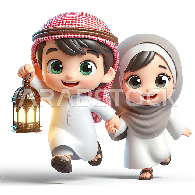 التجهز الاستعداد لاستقبال الأعياد والمناسبات الدينية الاسلامية، رسوم توضيحية ثلاثية الأبعاد لفتى عربي خليجي سعودي مبتسم يرتدي الشماغ والثوب التقليدي يحمل بيده فانوس مزخرف مضيء  يركض برفقة أخته المحجبة بتعابير الحماس والسرور، صورة الجسم بالكامل، خلفية بيضاء