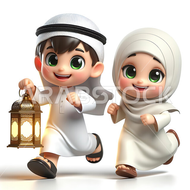 الاستعداد والتجهز لاستقبال الأعياد والمناسبات الدينية الاسلامية، رسوم توضيحية ثلاثية الأبعاد لفتى عربي خليجي سعودي مبتسم يرتدي الغترة والثوب التقليدي يحمل بيده فانوس مزخرف مضيء  يركض برفقة أخته المحجبة بتعابير الحماس والسرور، صورة الجسم بالكامل، خلفية بيضاء