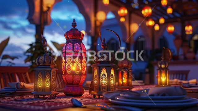 Spiritual Ramadan decorations and atmosphere, decorations and lighting for religious occasions, traditional illuminated metal lanterns on the table, Islamic designs and decorations, celebrating the advent of the blessed month of goodness.