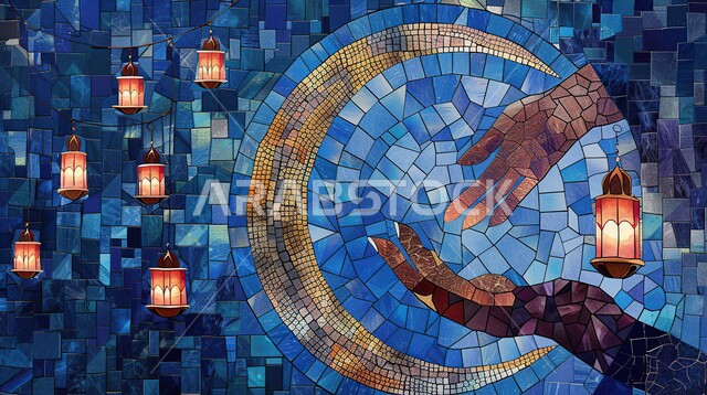 أشكال وزخارف وفنون هندسية, هلال وزينة الأعياد والمناسبات الدينية, فوانيس معدنية متوهجة, رفع اليد للدعاء والتقرب إلى الله تعالى, الاستعداد لاستقبال شهر الخير, احتفال المسلمين بقدوم شهر رمضان المبارك