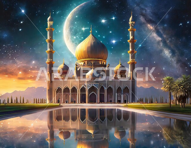 الفن الهندسي المعماري لبناء المساجد في المملكة العربية السعودية، القبب و المآذن على الطراز الإسلامي العصري الحديث، انعكاس مجسم المسجد على سطح المياه, العباده والتقرب إلى الله، أماكن اسلامية مقدسة، خلفية السماء المليئة بالنجوم مع هلال رمضان