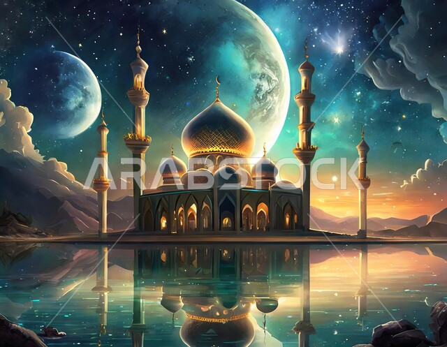 الفن الهندسي المعماري لبناء المساجد في المملكة العربية السعودية، القبب و المآذن على الطراز الإسلامي العصري الحديث، انعكاس مجسم المسجد على سطح المياه, العباده والتقرب إلى الله، أماكن اسلامية مقدسة، خلفية السماء المليئة بالنجوم مع هلال رمضان