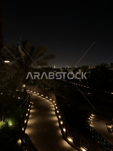 Palm trees and green plants in Diriyah View illuminated at night, popular heritage tourist places and attractions to attract tourists to the Kingdom of Saudi Arabia, ancient historical areas in the city of Riyadh.