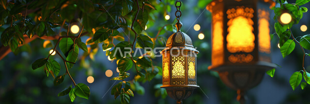 إضاءة وزينة شهر رمضان المبارك، الأجواء الرمضانية الروحانية, اكسسوارات الأعياد والمناسبات الاسلامية, فوانيس تقليدية معدنية مزخرفة مضيئة معلقة على شجرة خضراء، فوانيس و تحف اسلامية للاحتفال بقدوم شهر الخير, خلفية الطبيعة
