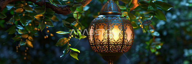 اكسسوارات الأعياد والمناسبات الاسلامية, فانوس تقليدي معدني مزخرف مضيء معلق على شجرة خضراء، إضاءة وزينة شهر رمضان المبارك، الأجواء الرمضانية الروحانية، فوانيس و تحف اسلامية تقليدية للاحتفال بقدوم شهر الخير, خلفية الطبيعة