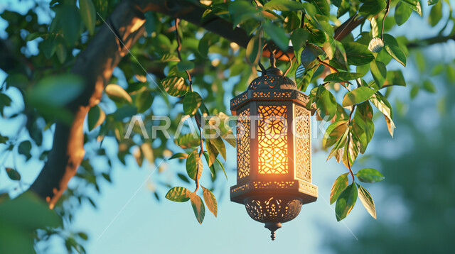 فانوس عربي معدني مزخرف مضيء معلق على شجرة خضراء، إضاءة وزينة شهر رمضان المبارك، ديكورات وأنوار الأجواء الرمضانية الروحانية، فوانيس و تحف اسلامية تقليدية للاحتفال بقدوم شهر الخير, الفن الاسلامي للتحف والاكسسوارات، خلفية طبيعة