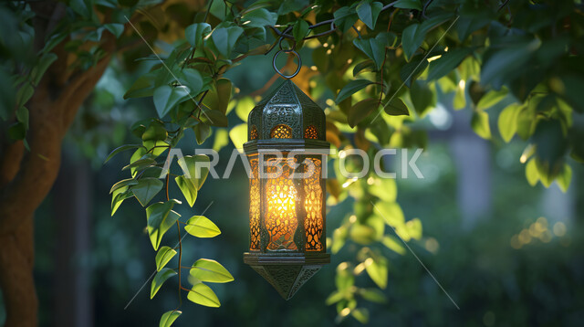 ديكورات وأنوار الأجواء الرمضانية الروحانية، فوانيس و تحف اسلامية تقليدية للاحتفال بقدوم شهر الخير, الفن الاسلامي للتحف والاكسسوارات, فانوس عربي معدني مزخرف مضيء معلق على شجرة خضراء، إضاءة وزينة شهر رمضان المبارك، خلفية طبيعة