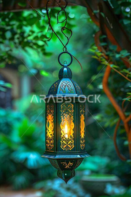 الفن الاسلامي للتحف والاكسسوارات، فانوس عربي معدني مزخرف مضيء معلق على شجرة خضراء، إضاءة وزينة شهر رمضان المبارك، ديكورات وأنوار الأجواء الرمضانية الروحانية، فوانيس و تحف اسلامية تقليدية للاحتفال بقدوم شهر الخير، خلفية طبيعة