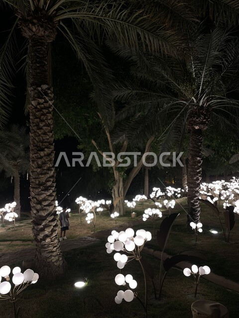 الاستمتاع بالزينة والإنارة الليلية، أشجار النخيل والنباتات الخضراء في مطل الدرعية المضاء في الليل، أماكن ومعالم سياحية شعبية تراثية لجذب السائحين إلى المملكة العربية السعودية، مناطق تاريخية قديمة في مدينة الرياض