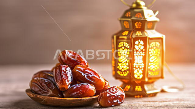 افطار الصائم في رمضان, ضيافة شهر الخير، اكسسوارات وزينة الأعياد والمناسبات، فانوس معدني تقليدي مزخرف متوهج بجانب وعاء مليء بالتمر، أجواء الشهر الفضيل، فوانيس و تحف اسلامية تقليدية للاحتفال بقدوم المناسبات الدينية, منتج محلي وطني