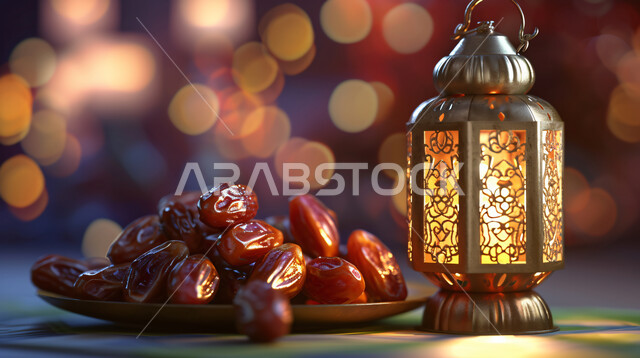 Traditional Islamic lanterns and antiques to celebrate the arrival of happy religious occasions, a national local product, iftar for the fasting person in Ramadan, hospitality for the month of goodness, accessories and decorations for holidays and events, a glowing traditional decorative metal lantern next to a bowl full of dates, the atmosphere of the holy month, a blurry background