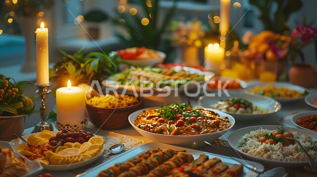 فطور رمضاني شهي, سفرة مليئة بأطباق من المأكولات الشرقية المميزة, مائدة إفطار شهر رمضان المبارك, اجتماع العائلة على مائدة الطعام, أجواء شهر الخير، مناسبات دينية سعيدة