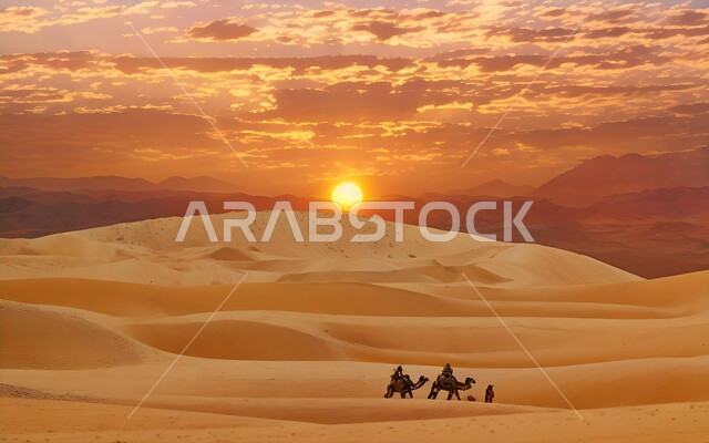 الطبيعة الصحراوية في الغروب, مجموعة من النوق في صحراء المملكة العربية السعودية، تربيه المواشي والابل في أحد المحميات الطبيعية، التلال والكثبان الرملية الذهبية الناعمة، منظر السماء المليئة بالغيوم الكثيفة, خلفية الطبيعه