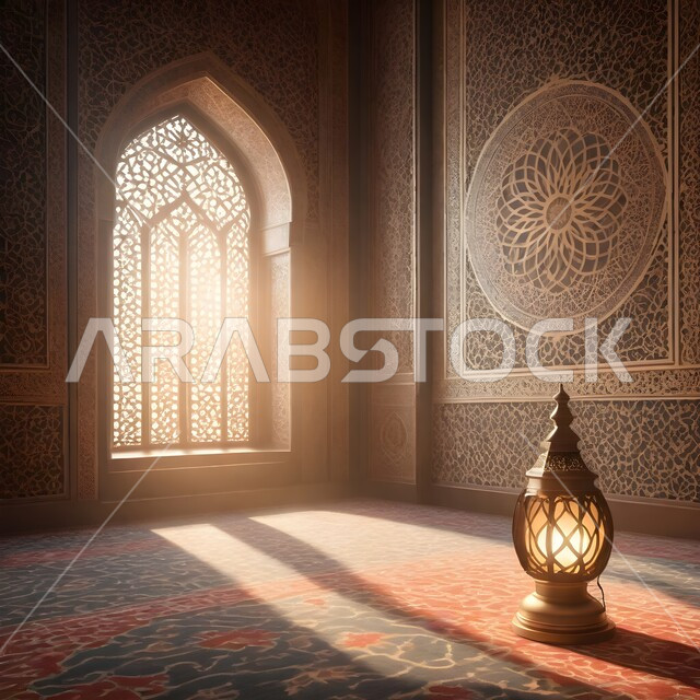 الفن الهندسي الاسلامي, زخارف عربية اسلامية, العبادة والتقرب إلى الله، نداء المسلمين لآداء الصلوات والفرائض، خلفيات وديكورات رمضانية،  نافذة منحوتة على الطراز العربي الاسلامي, فوانيس ذهبية مضيئة, تحف المناسبات الدينية