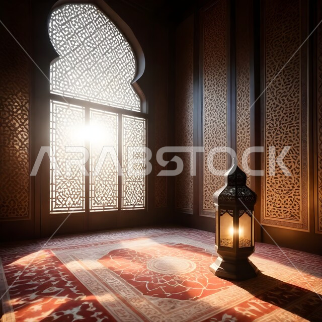 العبادة والتقرب إلى الله، نداء المسلمين لآداء الصلوات والفرائض، خلفيات وديكورات رمضانية، نافذة منحوتة على الطراز العربي الاسلامي, فوانيس ذهبية مضيئة, تحف المناسبات الدينية, الفن الهندسي الاسلامي, زخارف عربية اسلامية