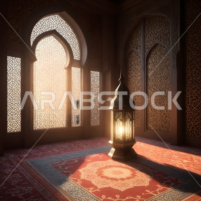  زخارف عربية اسلامية, العبادة والتقرب إلى الله، نداء المسلمين لآداء الصلوات والفرائض، خلفيات وديكورات رمضانية، نافذة منحوتة على الطراز العربي الاسلامي, فوانيس ذهبية مضيئة, تحف المناسبات الدينية, الفن الهندسي الاسلامي