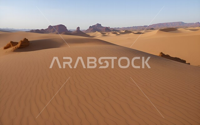 الكثبان الرملية و التلال في البيئة الصحراوية, الصحراء في المملكة العربية السعودية في غروب الشمس, الرمال الذهبية الناعمة, أماكن الرحلات والأنشطة الترفيهية الصحراوية، خلفية الطبيعه