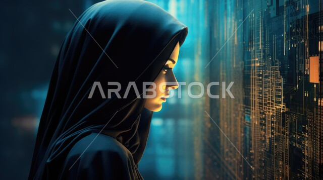 قضاء أوقات ممتعة باستخدام التكنولوجيا الحديثة، تصفح التطبيقات و مواقع التواصل الاجتماعي, أمراة عربية خليجية سعودية محجبة ، استعمال شاشات الكترونية حديثة، تقنية الذكاء الاصطناعي