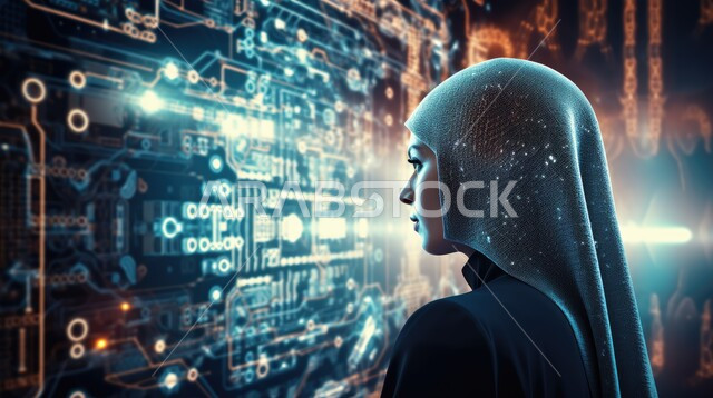 دمج التقنية و التكنولوجية في الحياة العملية، امرأة عربية خليجية سعودية تقوم بالعمل عن بعد، تعابير وايماءات الاندماج والتركيز لإنجاز المهام، متابعة سوق الاعمال، استخدام الأجهزة التكنولوجية الحديثة والمتطورة